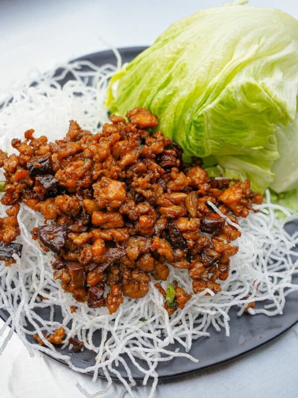 Copycat PF Chang's chicken lettuce wraps on a plate.
