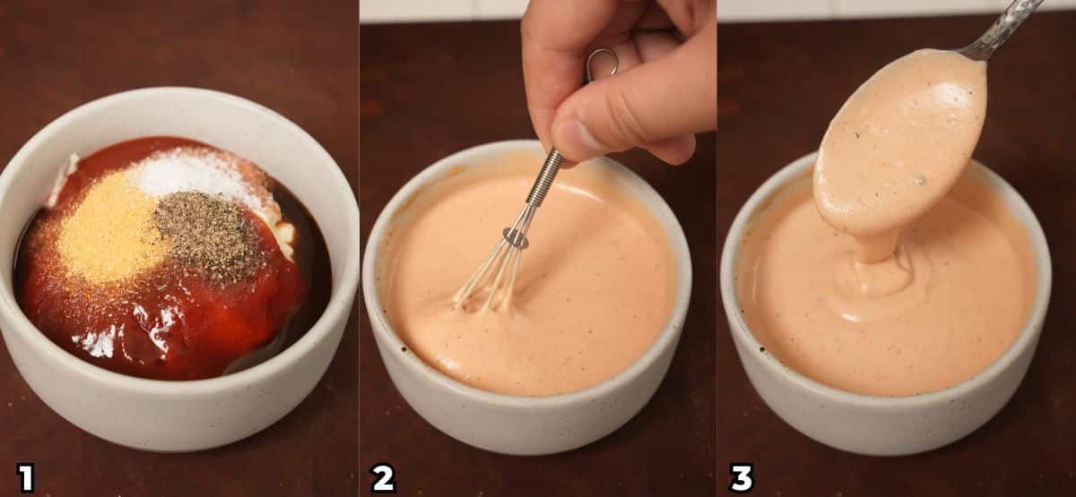 A 3 photo collage of cooking steps on how to make Raising Cane's sauce at home.