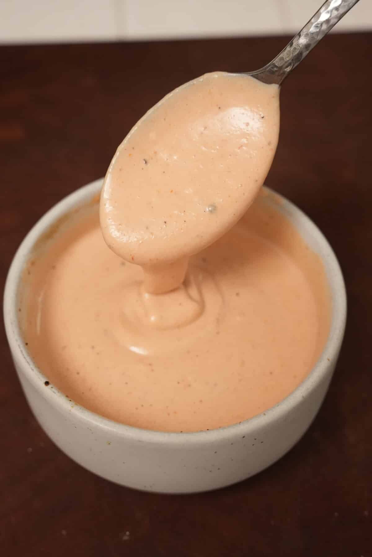 A spoon lifting the sauce in a bowl.