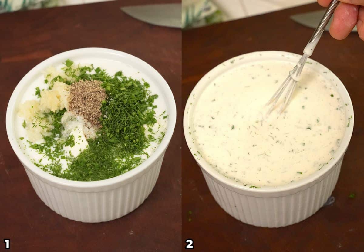 A 2 photo collage on how to make easy homemade ranch at home with mayo, buttermilk, seasonings, and fresh herbs.