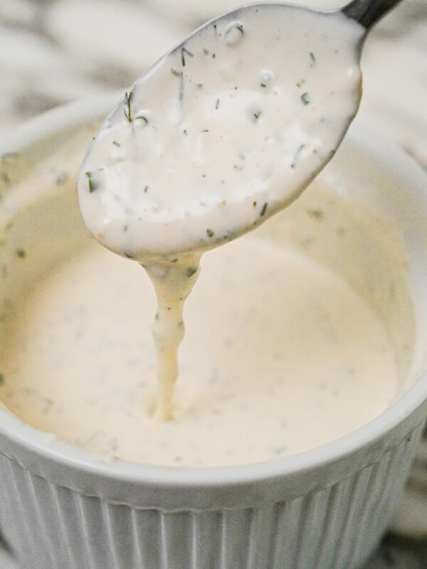 Ranch Dressing in a bowl with a spoon.