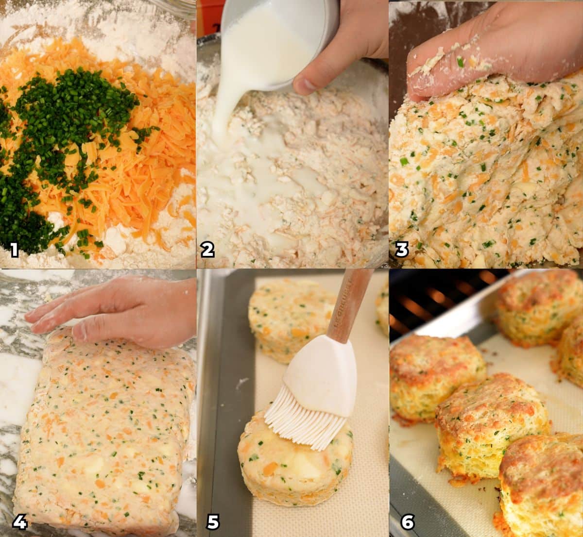 A 6 photo collage of key cooking steps showing how to make Copycat Red Lobster Cheddar Biscuits.
