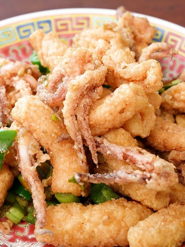 Fried salt and pepper squid on a plate.