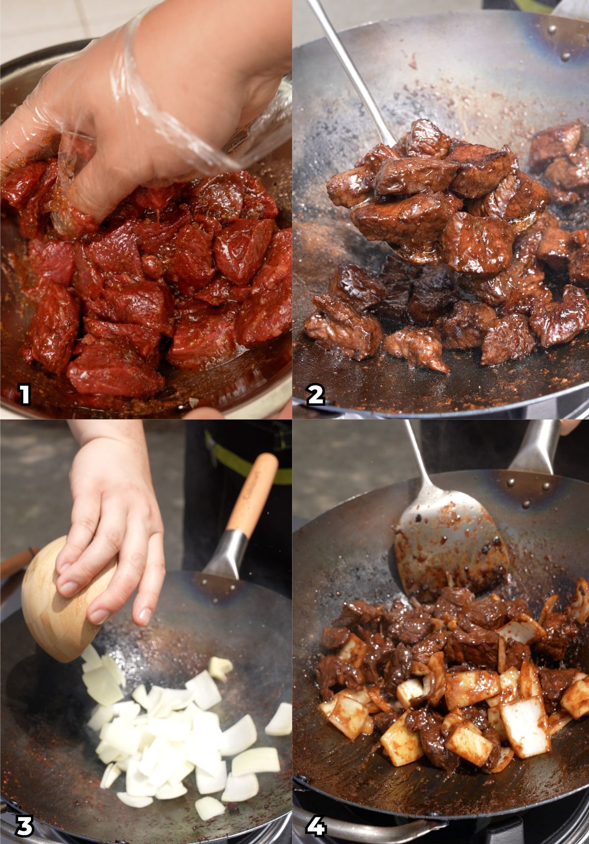 A 4 photo collage showing key cookings steps on how to make Shaking Beef (Bo Luc Lac) at home.