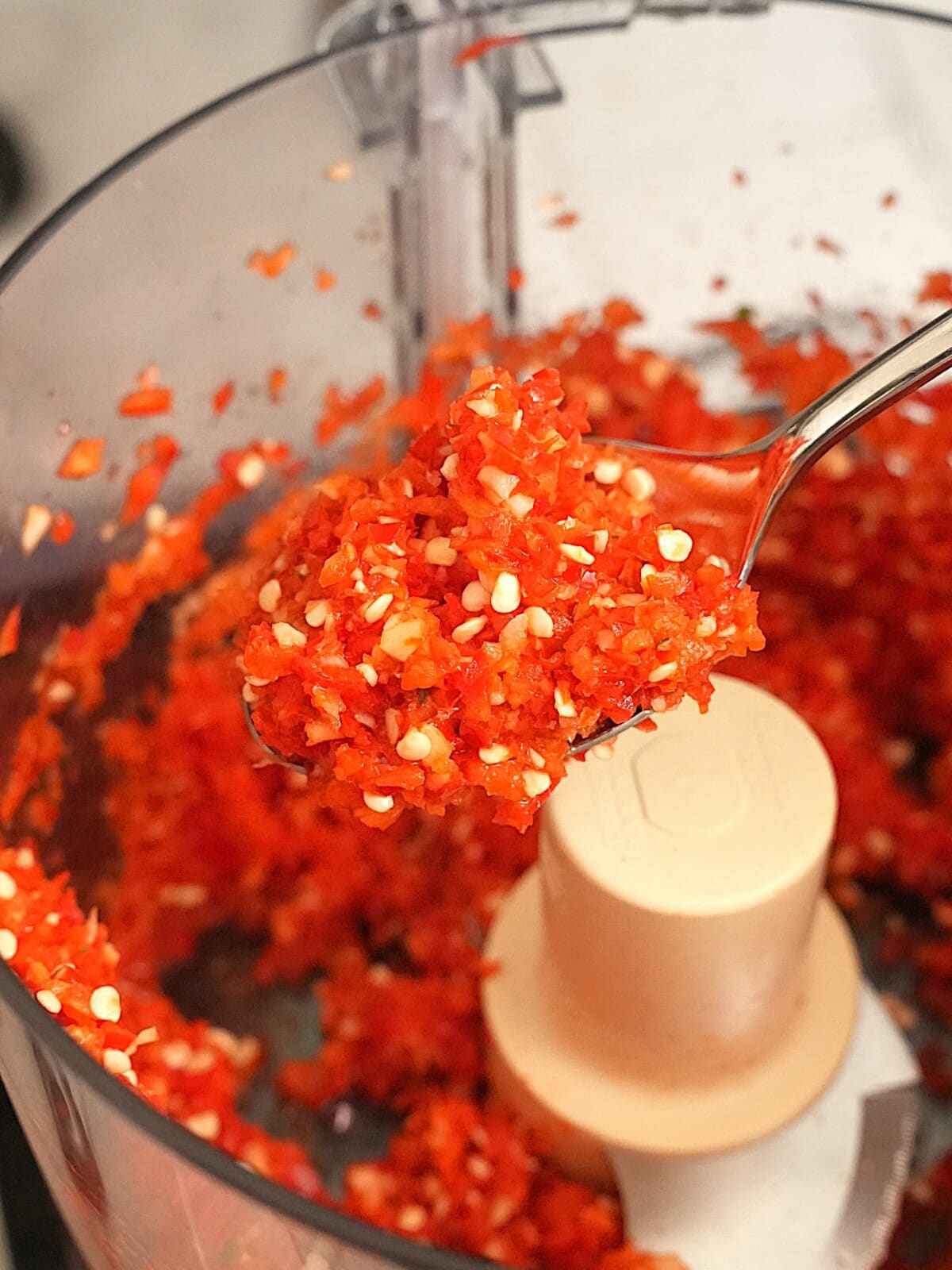 Red chilies, thai chilies, and garlic blended in a food processor.