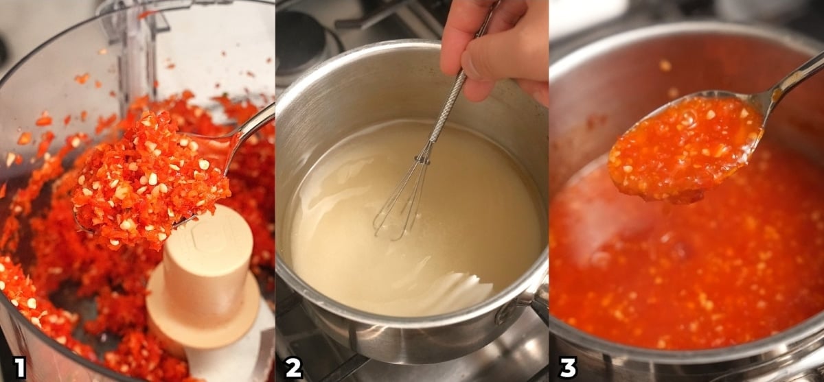 A 3 photo collage showing key cooking steps on how to make a Thai Sweet Chili Sauce at home.