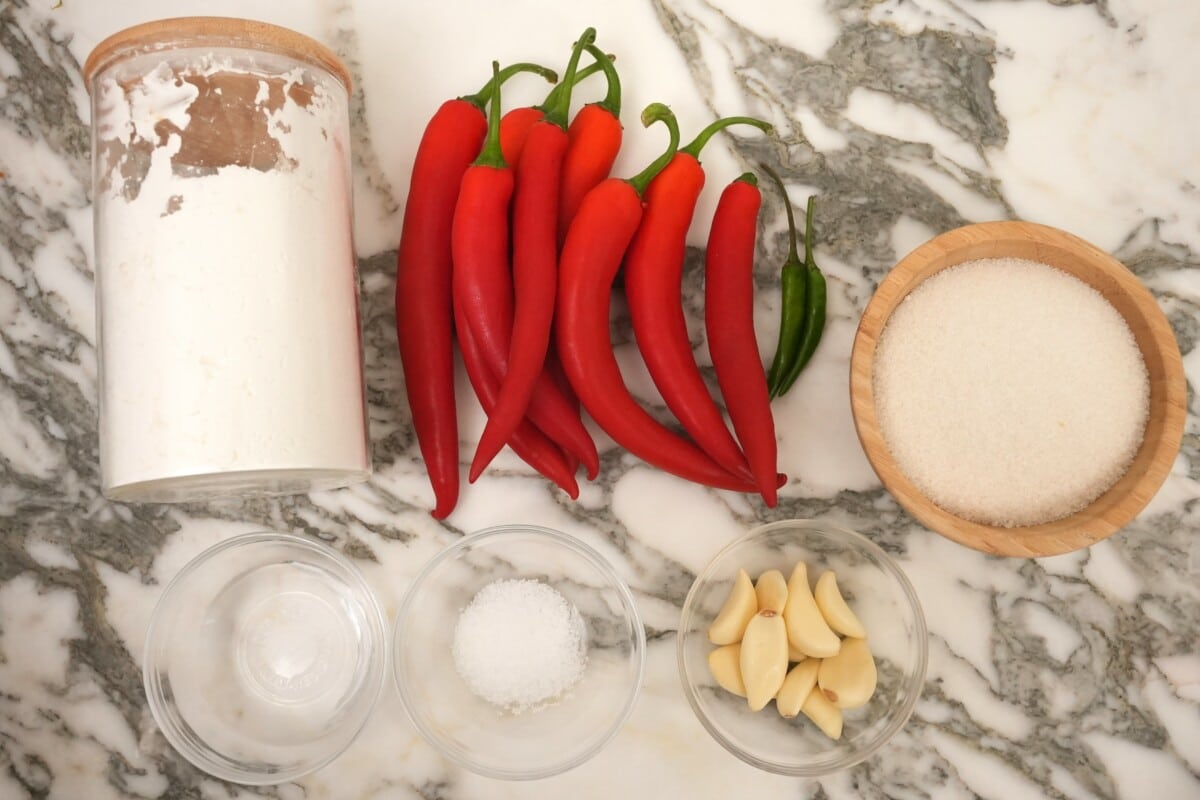 Raw ingredients for thai sweet chili sauce.