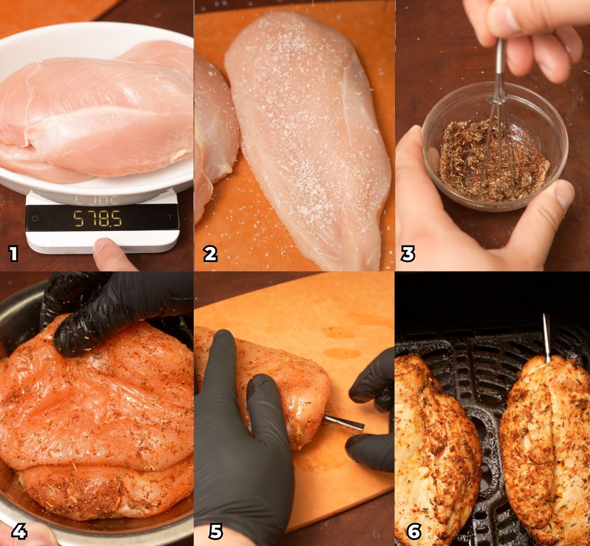 A 6 photo collage showing key cooking steps on how to make juicy Air Fryer Chicken Breast in the air fryer.