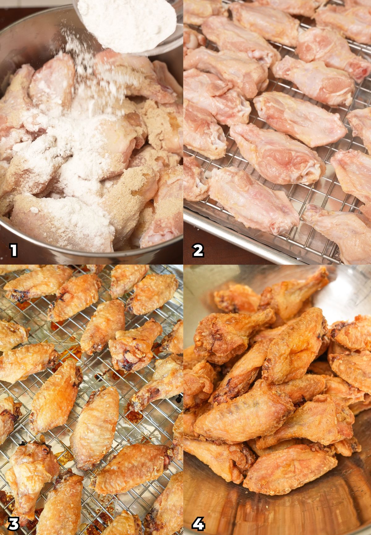 A 4 photo collage showing key cooking steps on how to make Crispy Baked Chicken Wings in the oven.