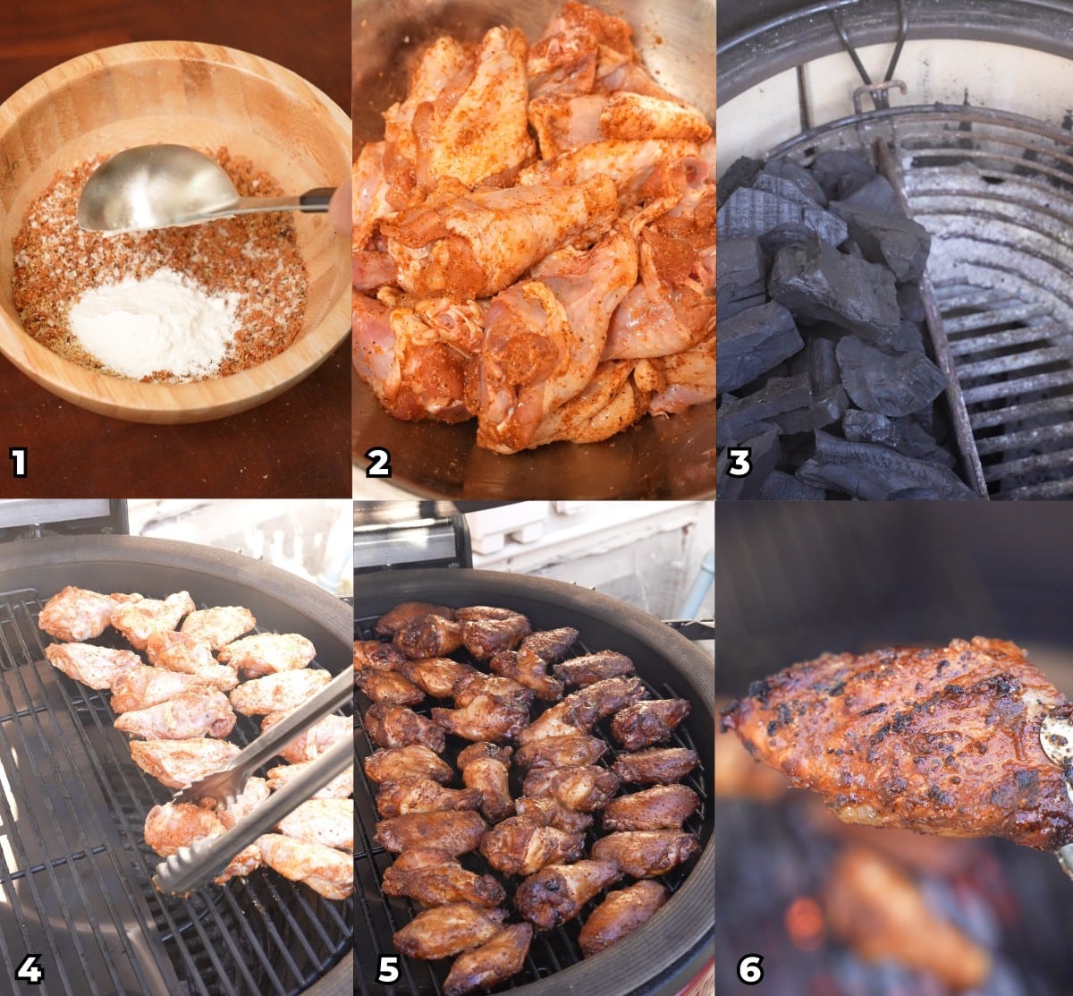 A 6 photo collage on key cooking steps to make grilled chicken wings at home.