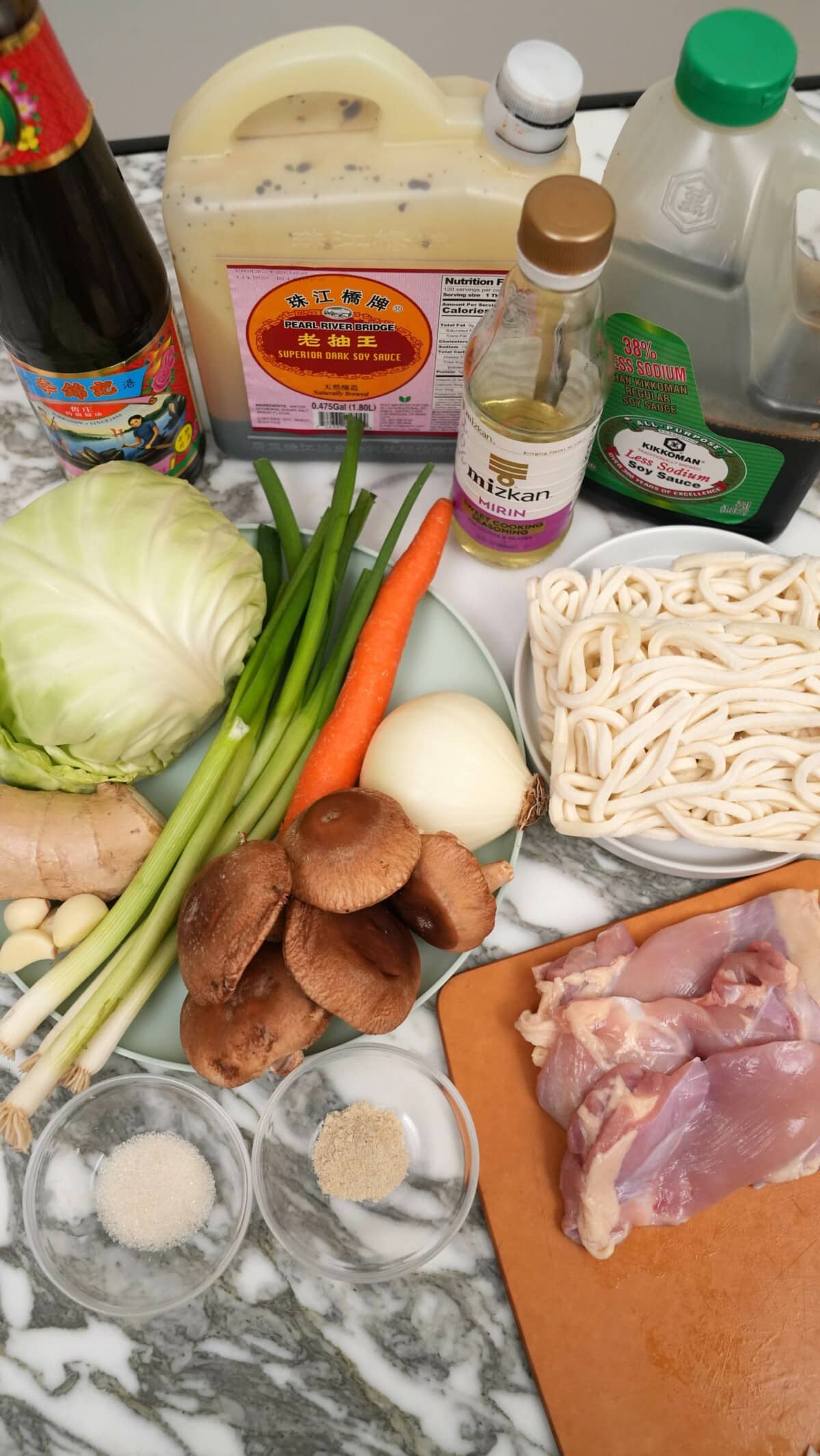 Raw ingredients for Yaki Udon stir fry.