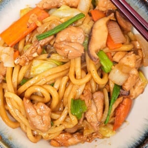 Yaki Udon in a bowl with a pair of chopsticks.