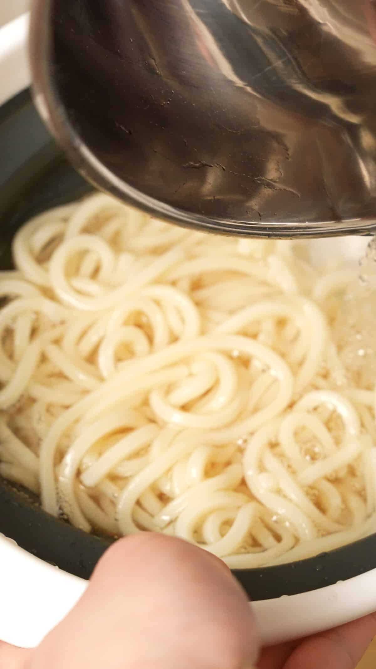 Udon noodles draining in a strainer.