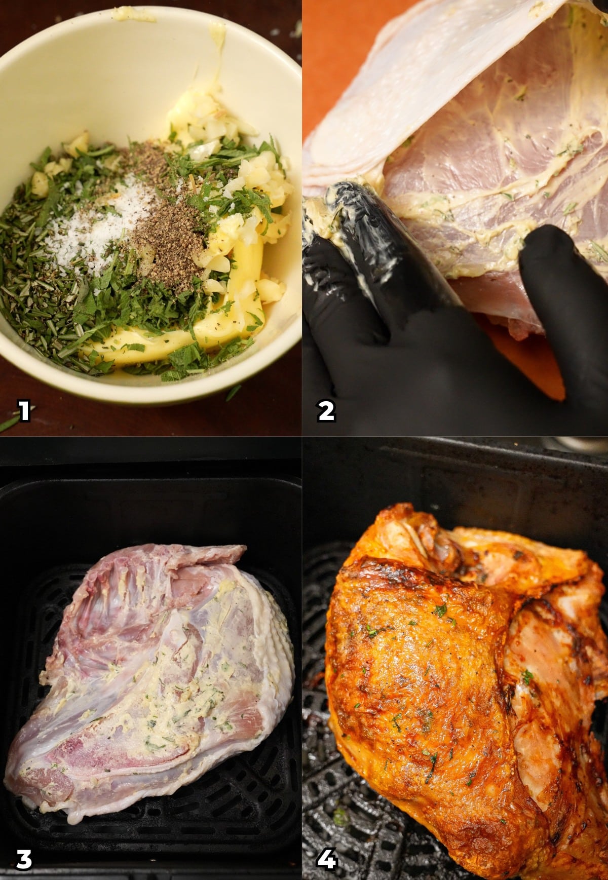 A 4 photo collage showing key cooking steps on how to cook a juicy turkey breast in the air fryer with crispy golden brown skin.