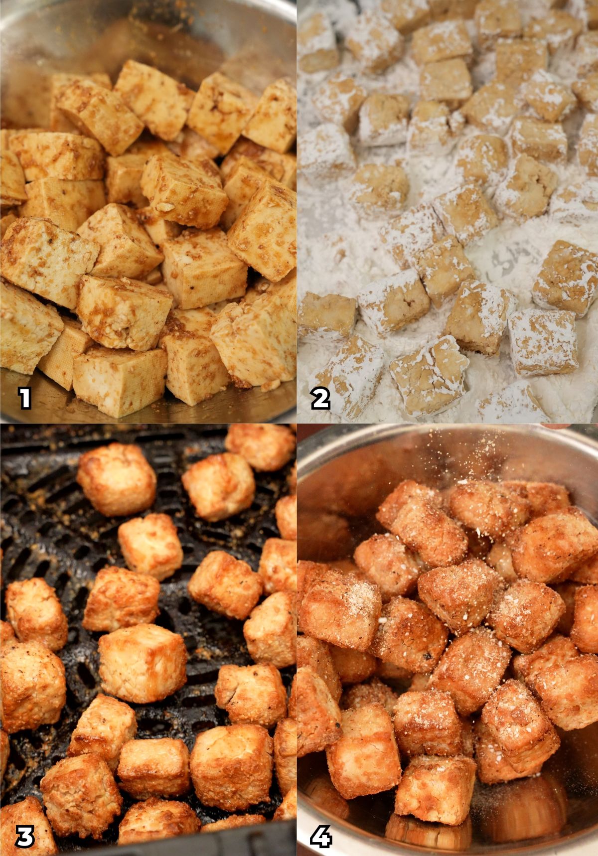 A 4 photo collage showing key cooking steps on how to make crispy air fryer tofu.