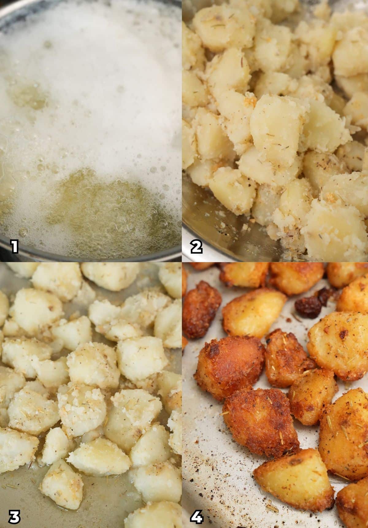 A 4 photo collage of key cooking steps on how to make perfect Crispy Roasted Potatoes at home.