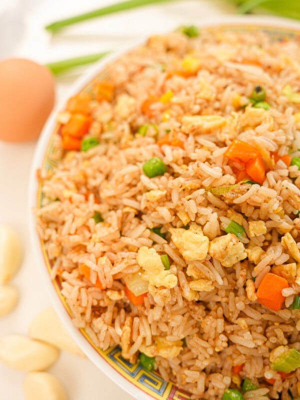 Egg fried rice on a plate.