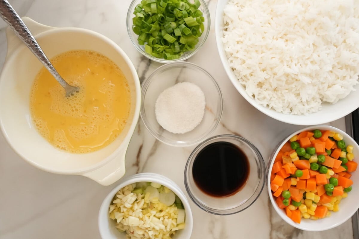 Raw ingredients for egg fried rice.