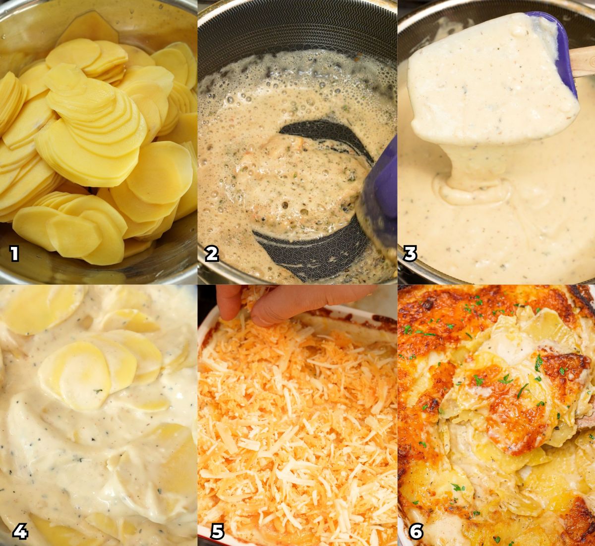 A 6 photo collage showing key cooking steps on how to make a cheesy potatoes au gratin.
