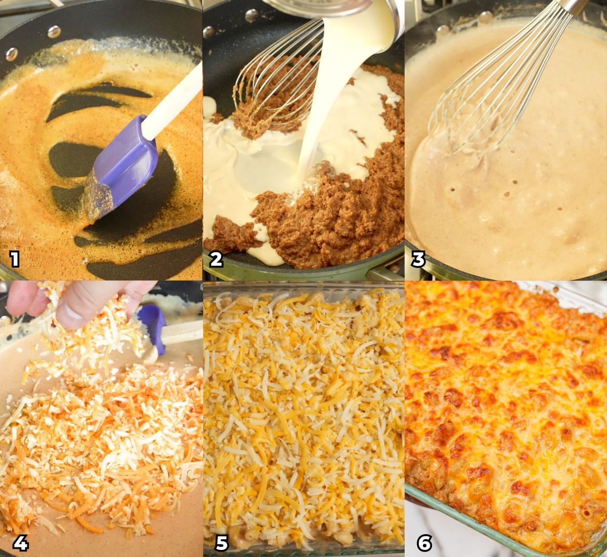 A 6 photo collage showing key cooking steps of how to make Creamy Baked Mac and Cheese.