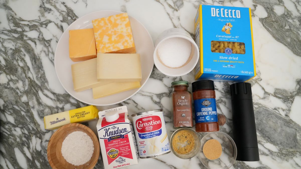 Raw ingredients for Creamy Baked Mac and Cheese.