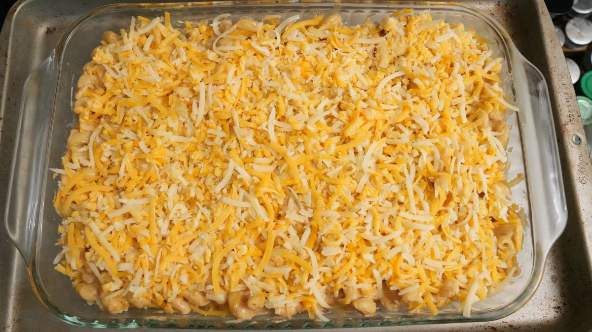 A layered mac and cheese in a baking dish ready for baking.