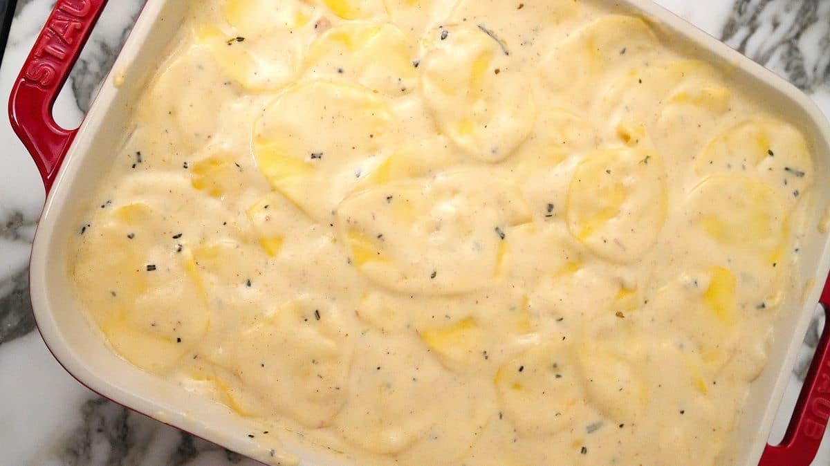 Layered potatoes with bechemel sauce in a baking dish.