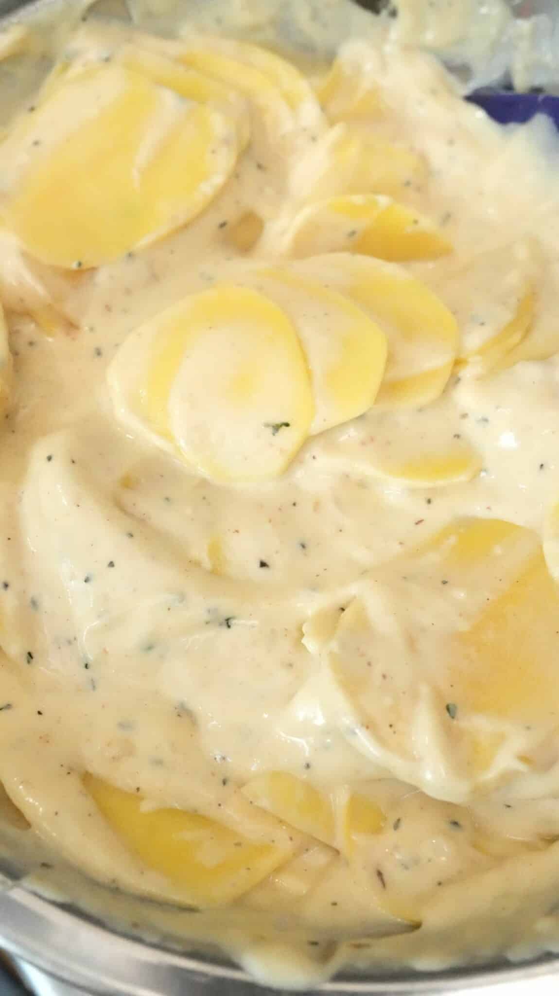 Thinly sliced potatoes mixed with the cheesy bechemel sauce in a bowl.