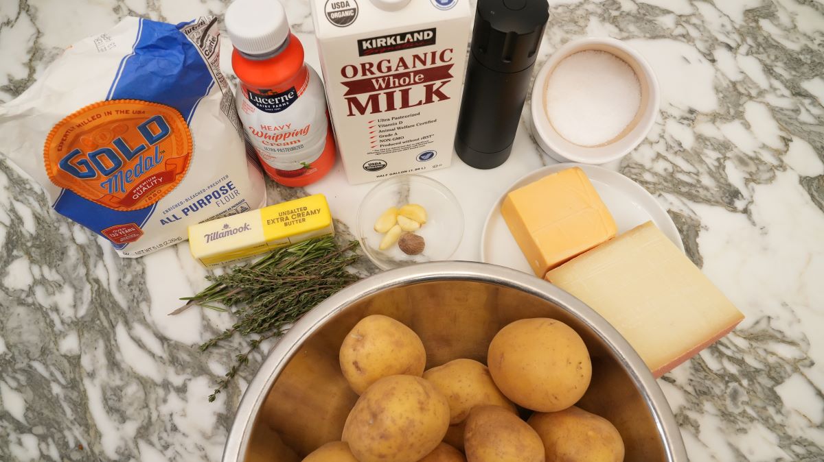 Raw ingredients for potatoes au gratin.