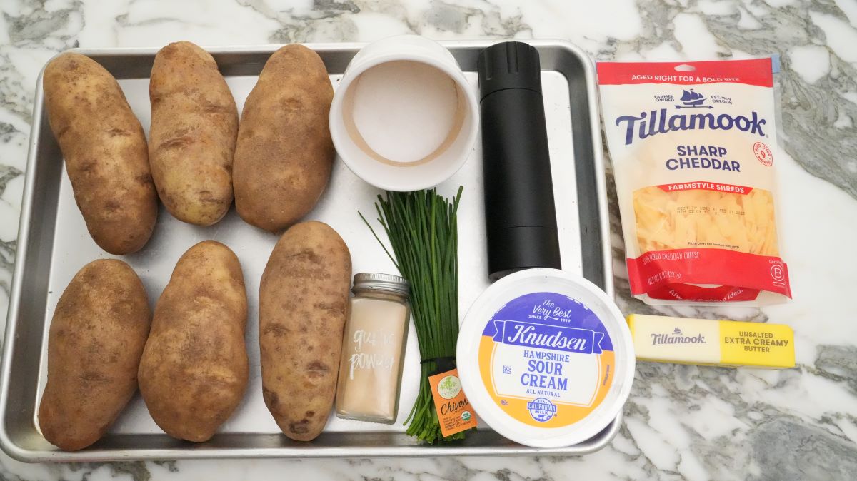 Raw ingredients for twice baked potatoes.