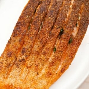 Pan seared salmon filet with crispy skin on a plate.