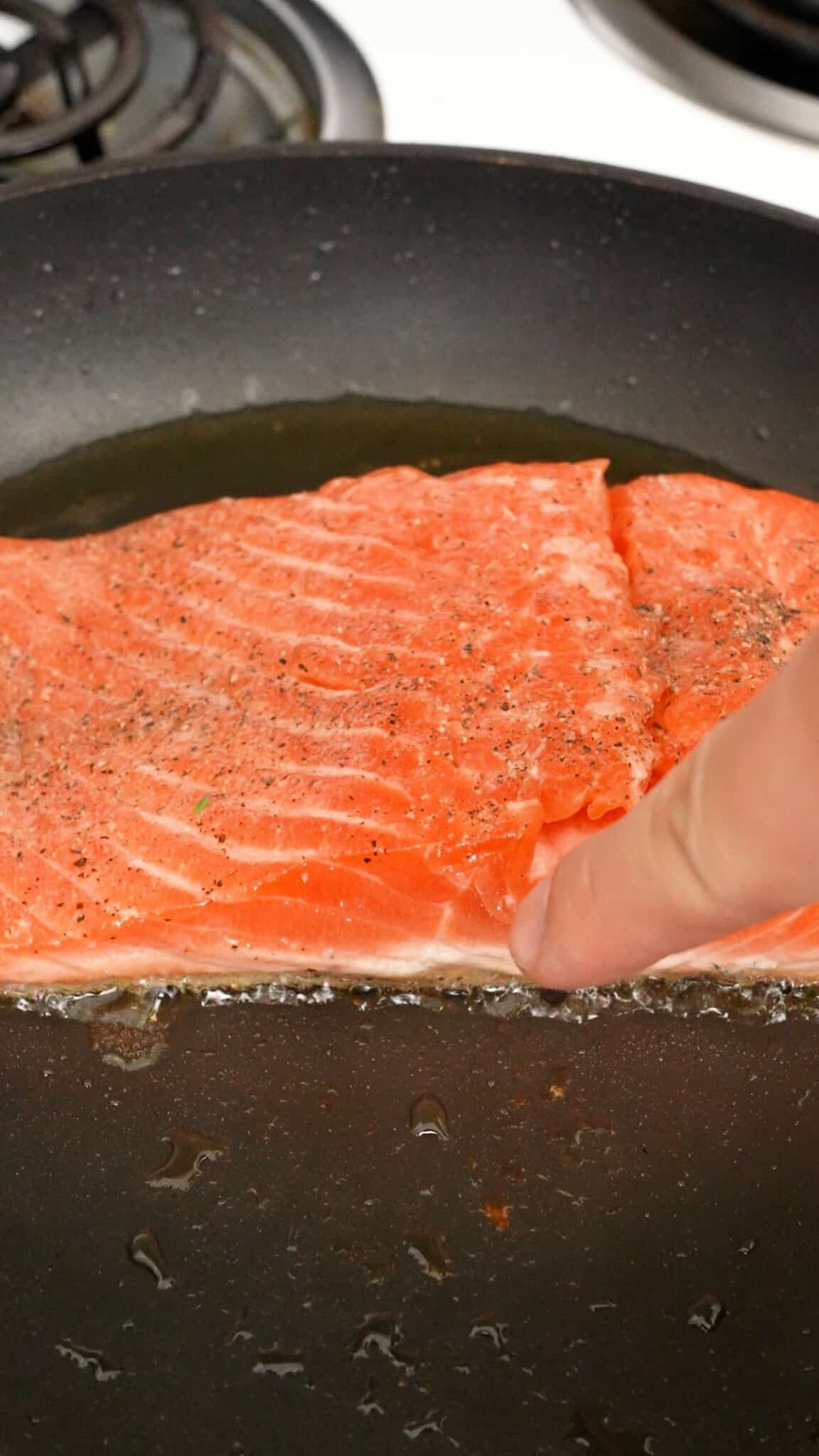 A salmon filet searing in a pan skin side down in avocado oil.