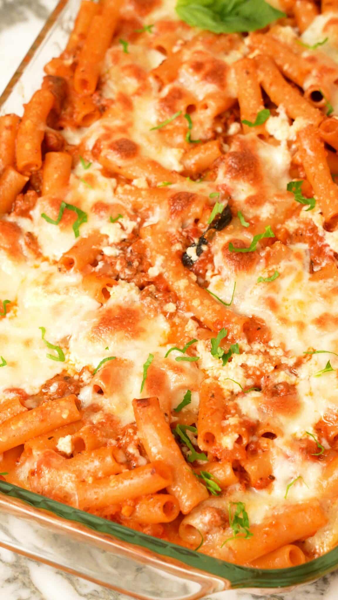 A tray of baked ziti after cooking in the oven.