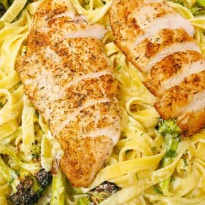 Chicken and Broccoli Fettuccine Alfredo in a pan.