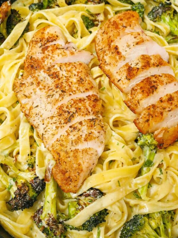 Chicken and Broccoli Fettuccine Alfredo in a pan.