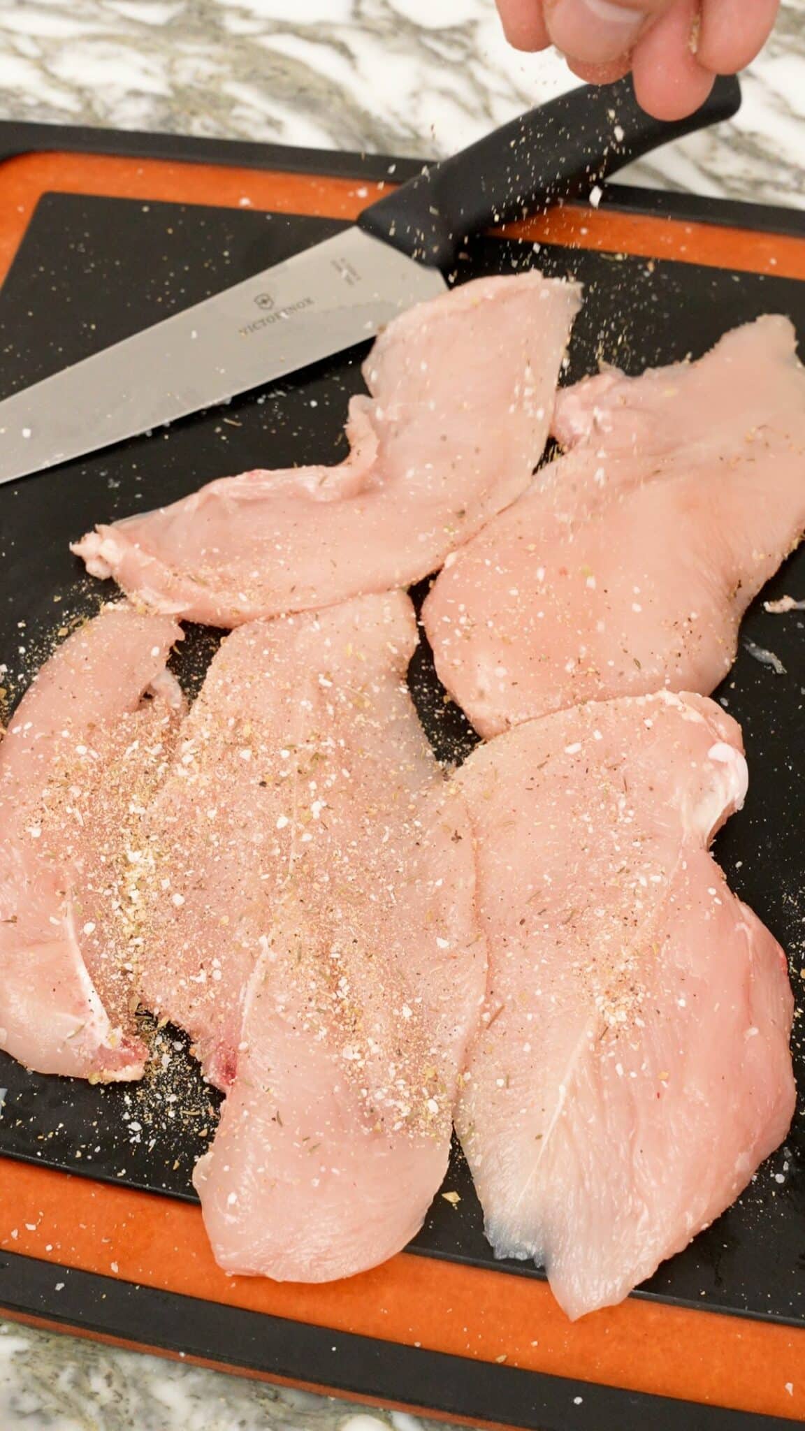 Seasoned chicken breast for Chicken and Broccoli Fettuccine Alfredo.