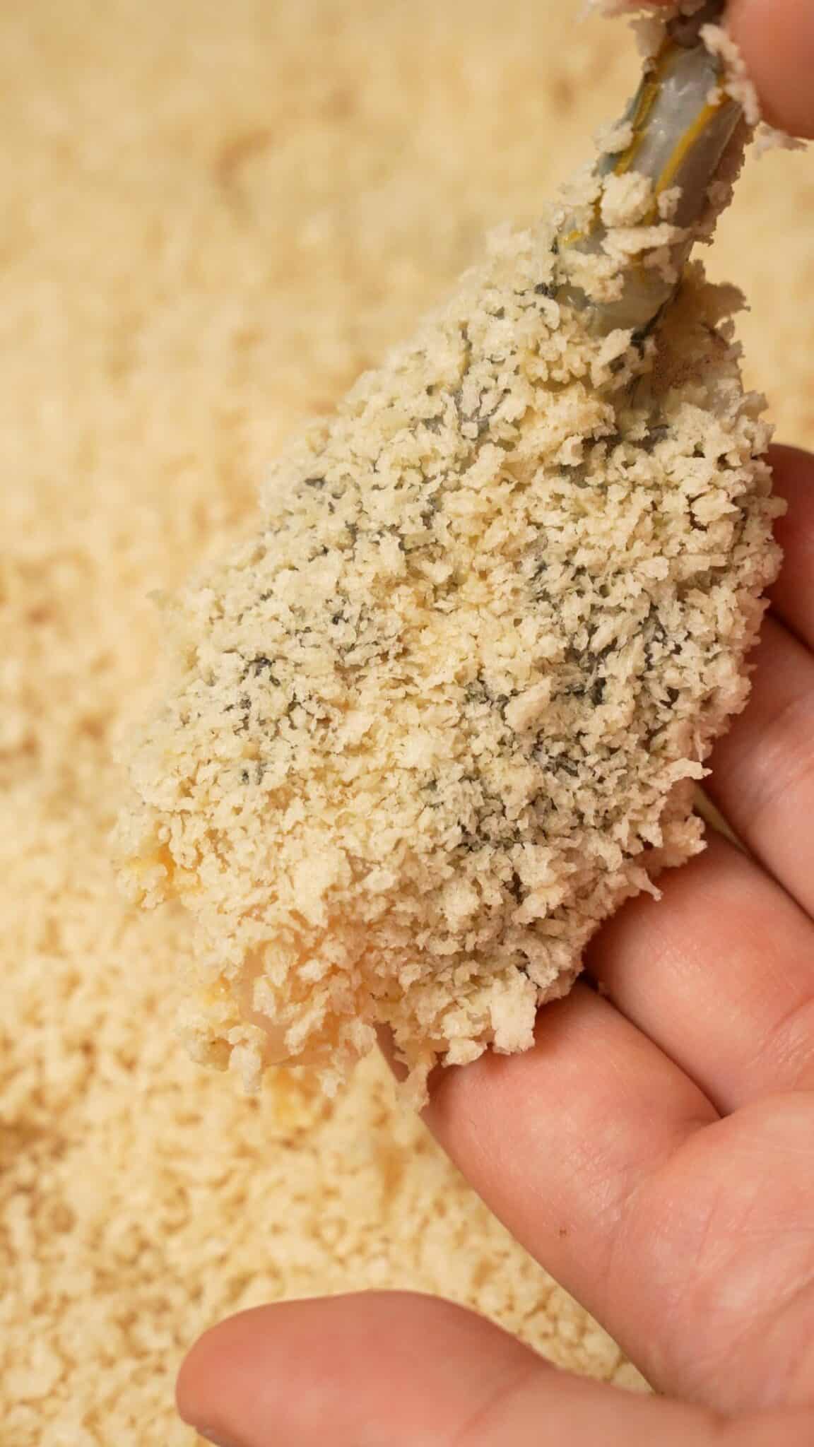 A shrimp dredged in panko breadcrumbs.