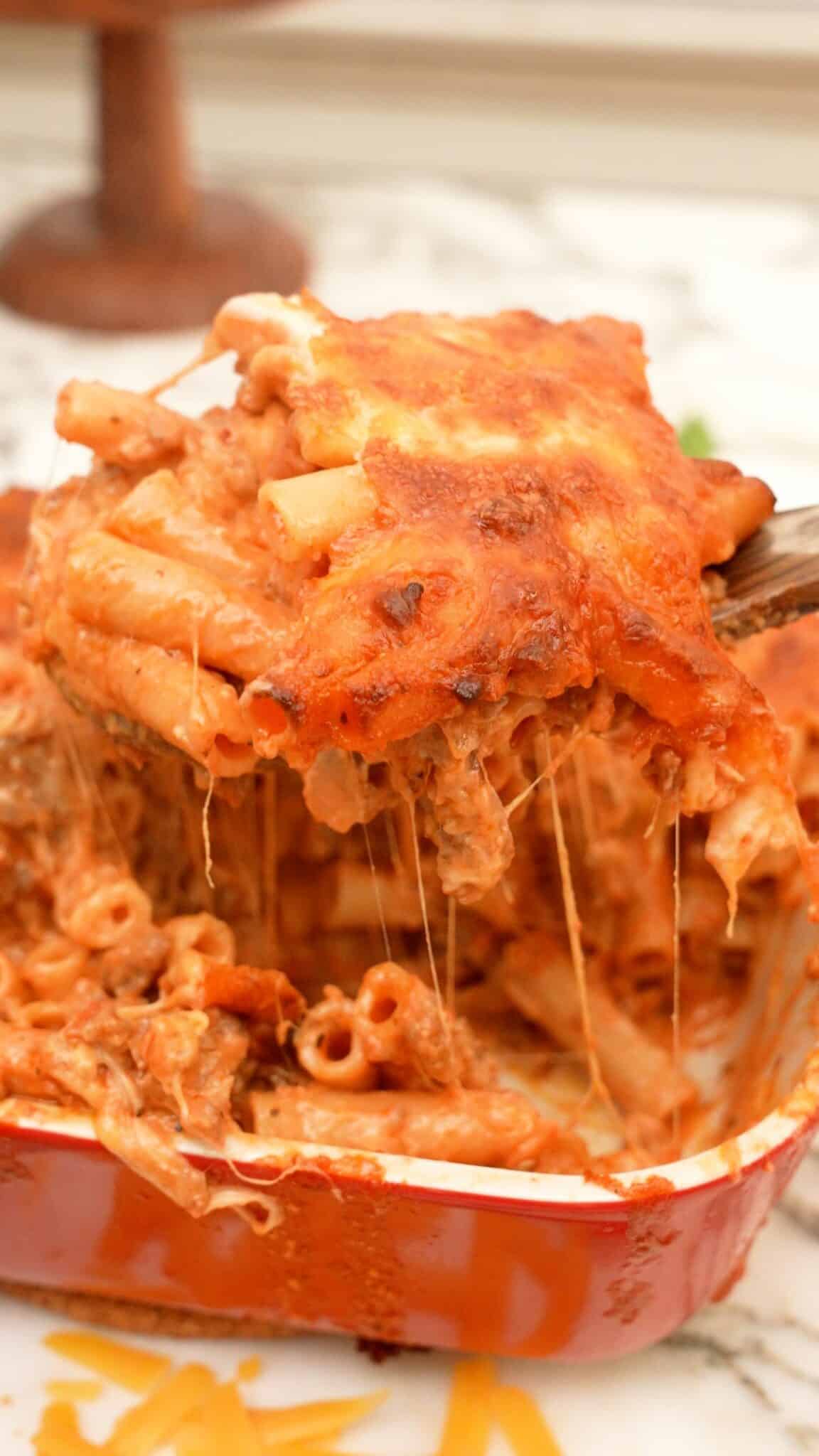 Gochujang Baked Ziti in a dish.