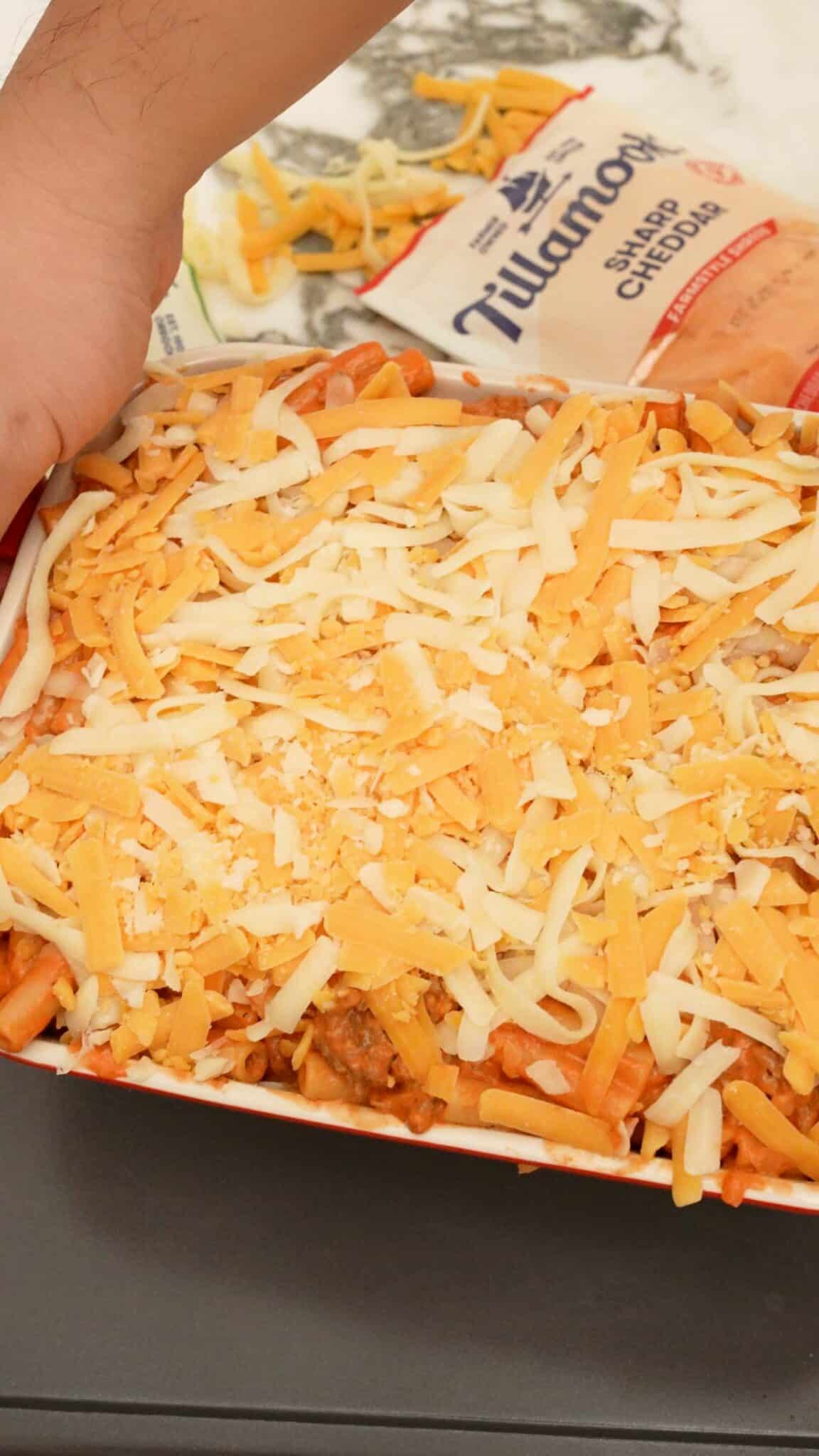 Gochujang Baked Ziti layered in a baking dish.