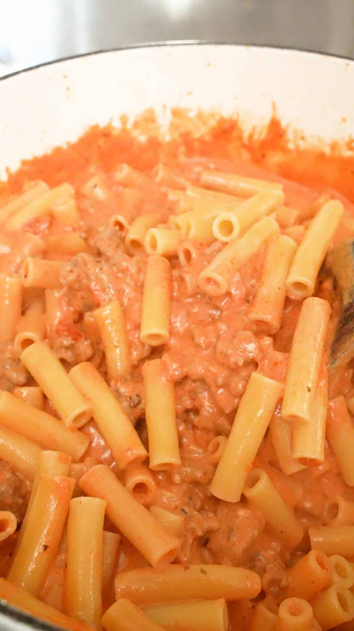 Pasta mixed with gochujang baked ziti.