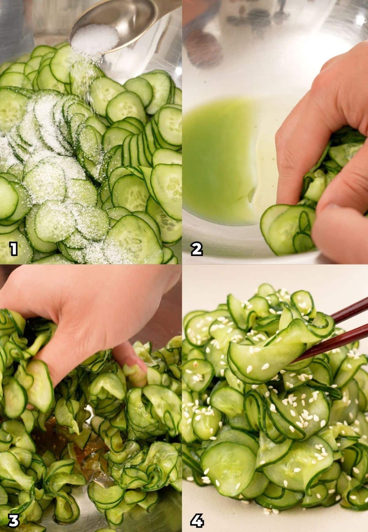 A 4 photo collage showing key cooking steps on how to make Japanese cucumber salad (Sunomono) at home.