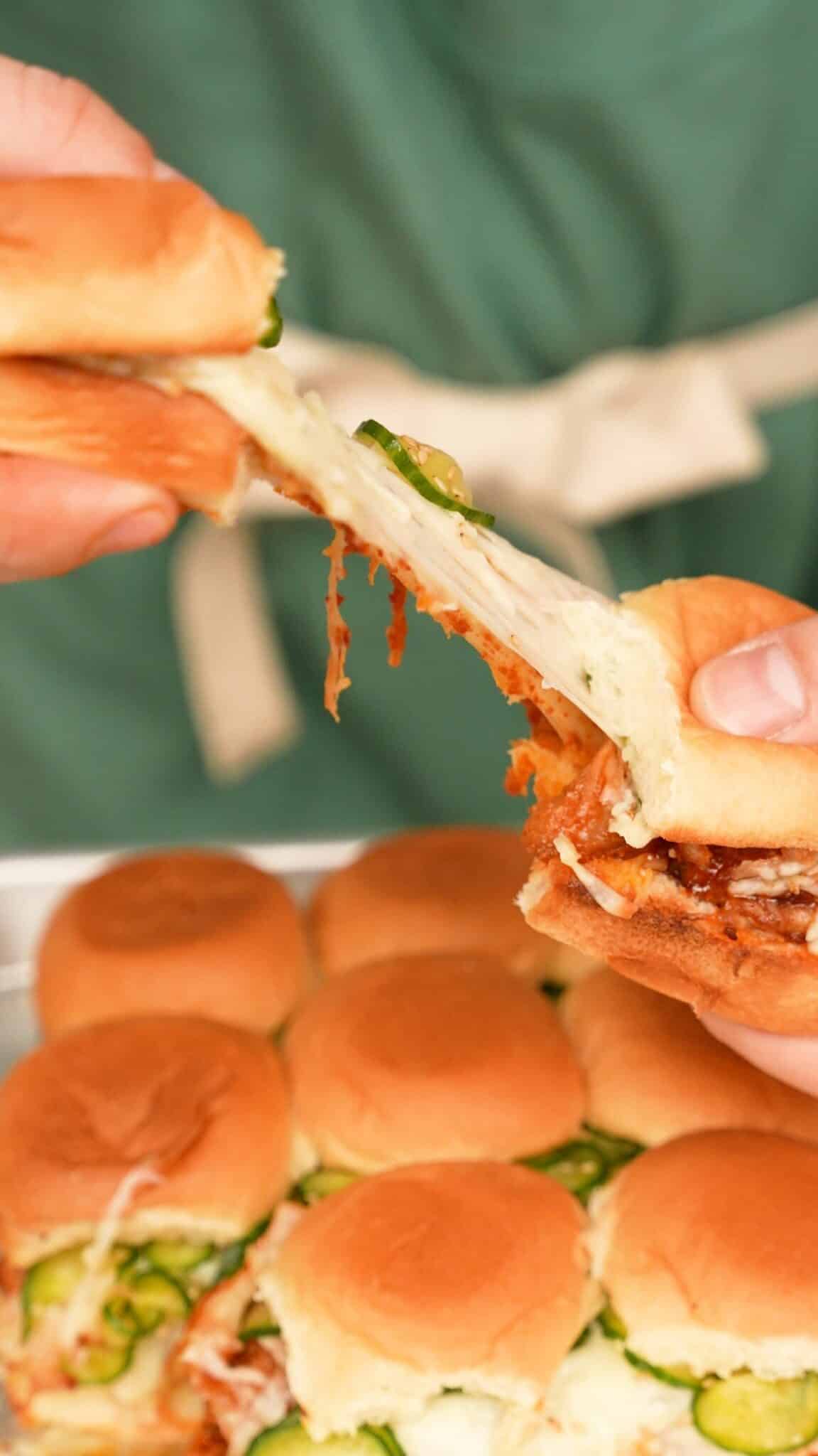 Korean Fire Chicken sliders on a tray.