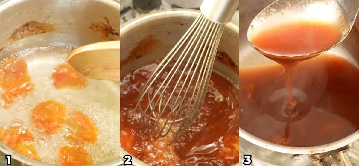 A 3 photo collage showing key cooking steps on how to make Mcdonald's copycat sweet and sour sauce at home.