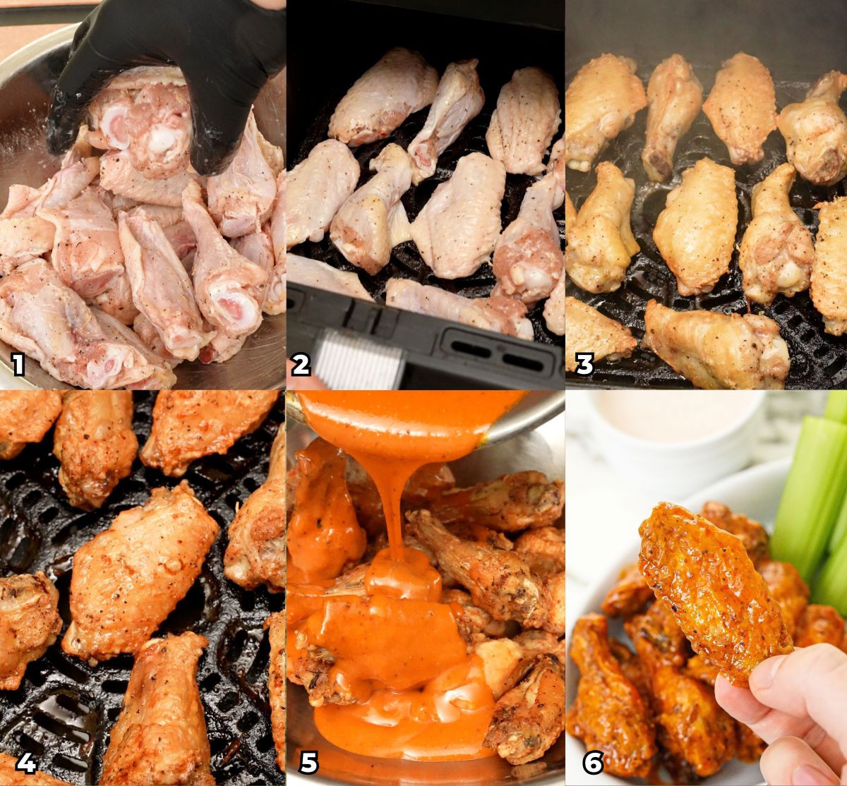 A 6 photo collage showing key cooking steps on how to make crispy air fryer buffalo wings.