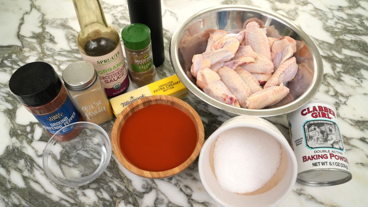 Raw ingredients for Air Fryer Buffalo Wings.