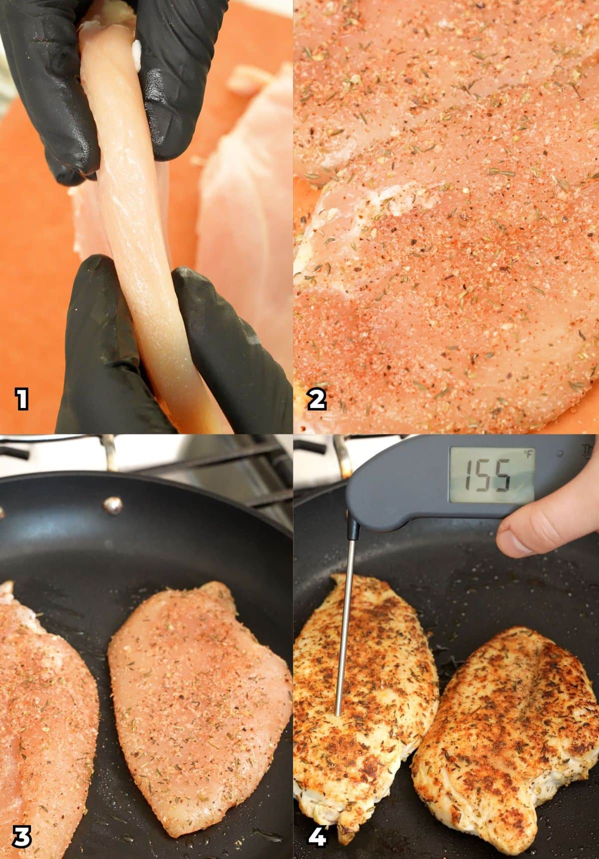 A 4 photo collage showing key cooking steps on how to make perfect pan seared chicken breasts at home that are juicy and delicious.