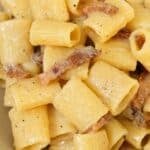 Pasta alla gricia in a ceramic bowl.
