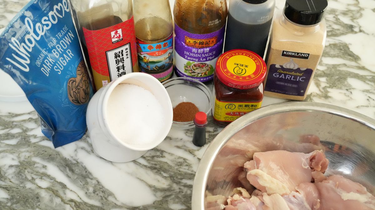 Raw ingredients for Char Siu Chicken.