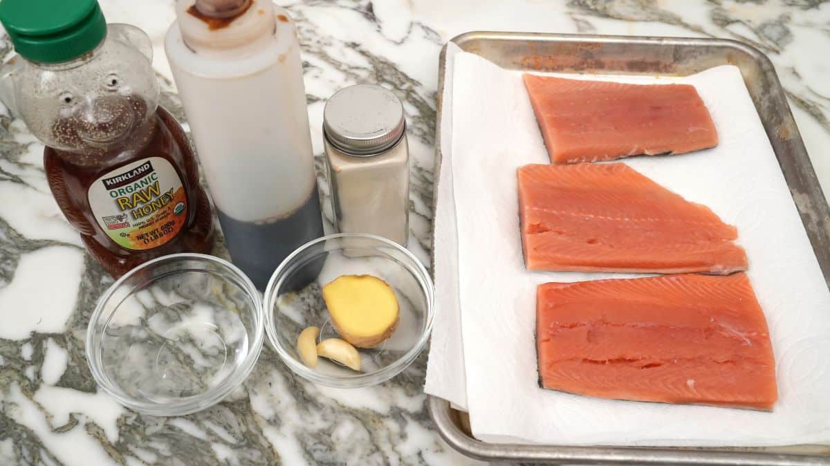 Raw ingredients for Honey Soy Glazed Salmon.