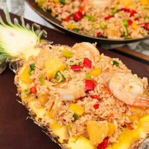Pineapple Fried Rice plated in a carved out pineapple.